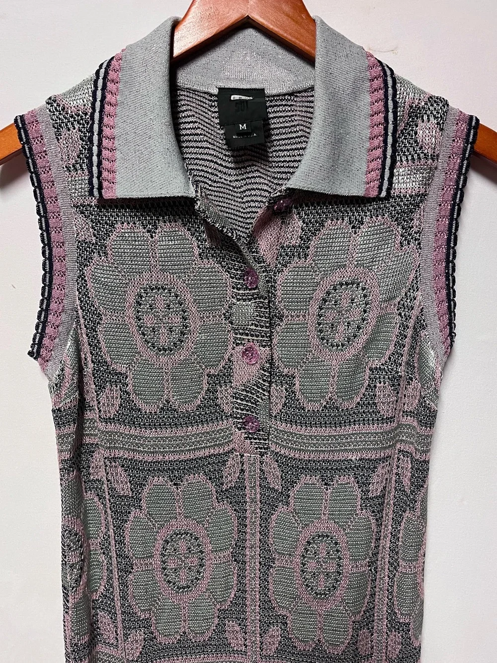 Anna Sui Metallic Floral Knit Maxi Dress M Y2K Mod Sleeveless Polo Made USA